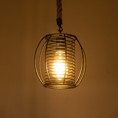 GloboStar® ORVAL 01689 Μοντέρνο Κρεμαστό Φωτιστικό Πλέγμα Μονόφωτο 1 x E27 IP20 Μαύρο Μέταλλο με Μπεζ Σχοινί - Μ20 x Π20 x Υ20cm