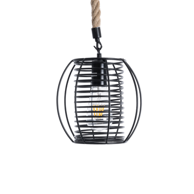 GloboStar® ORVAL 01689 Μοντέρνο Κρεμαστό Φωτιστικό Πλέγμα Μονόφωτο 1 x E27 IP20 Μαύρο Μέταλλο με Μπεζ Σχοινί - Μ20 x Π20 x Υ20cm