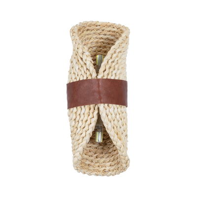 GloboStar® GUAVA 02385 Boho Επιτοίχιο Φωτιστικό Απλίκα Δίφωτο 2 x G9 IP20 Μπεζ Ξύλο με Καφέ Δέρμα - Μ11 x Π13 x Υ30cm