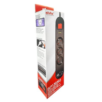ELP130302 | ΠΟΛ/ΖO 3Θ ΠΡΟΣΤΑΣΙΑΣ ΥΠΕΡΤΑΣΕΩΝmax3680W+ΔΙΑΚ.+USB+ΚΑΛ.1mt IP20 ΜΑΥΡΟ