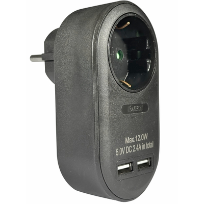 ELP37102 | ΑΝΤΑΠΤOΡΑΣ ΜΕ USB SCHUKO → 1Θ SCHUKO max:3680W IP20 ΜΑΥΡΟ