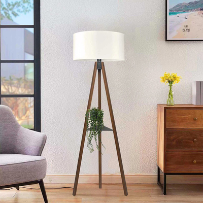 GloboStar® SHELF 204-0129 Μοντέρνο Eπιδαπέδιο Φωτιστικό Μονόφωτο 1 x E27 IP20 Καφέ Ξύλο με Μπεζ Ύφασμα - Μ38 x Π38 x Υ135cm