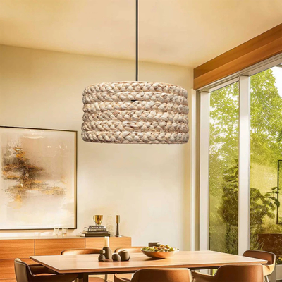 GloboStar® POMEGRANDE 204-0161 Boho Κρεμαστό Φωτιστικό Kαπέλο Μονόφωτο 1 x E27 IP20 Μπεζ Rattan - Μ29 x Π29 x Υ16cm