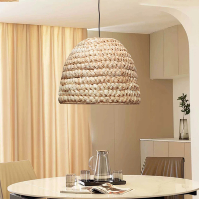 GloboStar® MEKA 204-0163 Boho Κρεμαστό Φωτιστικό Καμπάνα Μονόφωτο 1 x E27 IP20 Μπεζ Rattan - Μ30 x Π30 x Υ25cm