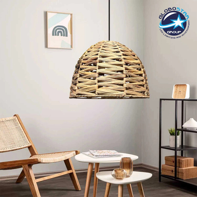 GloboStar® MEKA 204-0165 Boho Κρεμαστό Φωτιστικό Καμπάνα Μονόφωτο 1 x E27 IP20 Μπεζ Rattan - Μ30 x Π30 x Υ25cm