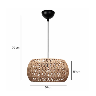 GloboStar® DARIO 204-0168 Boho Κρεμαστό Φωτιστικό Kαπέλο Μονόφωτο 1 x E27 IP20 Καφέ Σχοινί - Μ30 x Π30 x Υ15cm