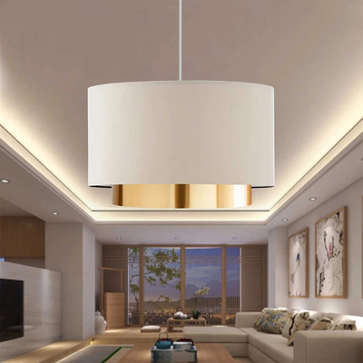 GloboStar® BASIL 204-0173 Μοντέρνο Κρεμαστό Φωτιστικό Kαπέλο Μονόφωτο 1 x E27 IP20 Μπεζ & Χρυσό Ύφασμα - Μ30 x Π30 x Υ20cm