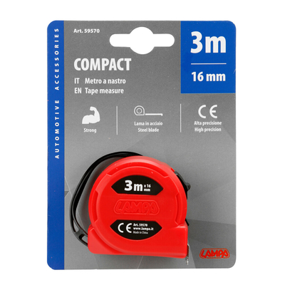 ΜΕΤΡΟΤΑΙΝΙΑ ΑΥΤΟΜΑΤΗ COMPACT 3m x16mm ΚΟΚΚΙΝΗ ΜΕ ΚΛΙΠ ΖΩΝΗΣ LAMPA - 1 ΤΕΜ.