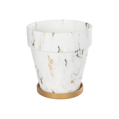 GloboStar® Artificial Garden DENPASAR 20526 Διακοσμητική Κεραμική Γλάστρα Λευκή με Χρυσό Μ20 x Π20 x Υ21 cm