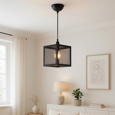 GloboStar® JAULA 204-0181 Μοντέρνο Κρεμαστό Φωτιστικό Οροφής Μονόφωτο 1 x E27 AC 220-240V IP20 Μαύρο - Μ17 x Π17 x Υ23cm