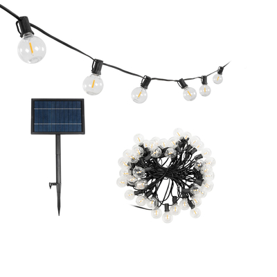 GLOBOSTAR® TWILIGHT 79669 Μοντέρνο Φωτιστικό Κήπου Γιρλάντα 14.5m με 50 Λάμπες LED 30W 2700lm 360° DC 3.7V με Ενσωματωμένο Φωτοβολταϊκό Panel 5.5V 5W & Επαναφορτιζόμενη Μπαταρία Li-ion 3.7V 3x18650 6600mAh Αδιάβροχο IP65 Θερμό Λευκό 2700Κ Dimmable - Sanan SMD Chip - Μαύρο & Διάφανο - Μ1450 x Π4 x Υ7cm - 2 Χρόνια Εγγύηση