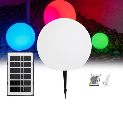 GLOBOSTAR® AQUAGLOW 71474 Μοντέρνο Φωτιστικό Κήπου Μπάλα με IR Ασύρματο Χειριστήριο LED 3W 240lm 360° DC 5V με USB-C με Ενσωματωμένο Φωτοβολταϊκό Panel 6V 1W & Επαναφορτιζόμενη Μπαταρία Li-ion 3.7V 2x18650 1400mAh Αδιάβροχο IP54 Πολύχρωμο RGBW Dimmable - Sanan SMD Chip - Γαλακτερό Λευκό - Μ25 x Π25 x Υ24cm - 2 Χρόνια Εγγύηση
