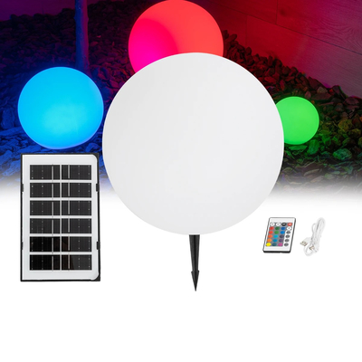 GLOBOSTAR® AQUAGLOW 71475 Μοντέρνο Φωτιστικό Κήπου Μπάλα με IR Ασύρματο Χειριστήριο LED 5W 400lm 360° DC 5V με USB-C με Ενσωματωμένο Φωτοβολταϊκό Panel 6V 1.5W & Επαναφορτιζόμενη Μπαταρία Li-ion 3.7V 3x18650 1800mAh Αδιάβροχο IP54 Πολύχρωμο RGBW Dimmable - Sanan SMD Chip - Γαλακτερό Λευκό - Μ35 x Π35 x Υ34cm - 2 Χρόνια Εγγύηση