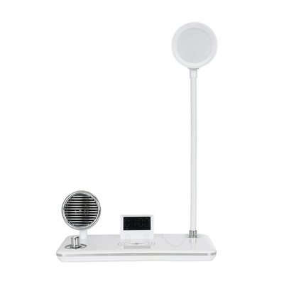 GLOBOSTAR® OLDY 76557 Μοντέρνο Επιτραπέζιο Φωτιστικό Γραφείου με Ασύρματη Φόρτιση 15W 3A, 5W Bluetooth Ηχείο & Ψηφιακό Ρολόι LED 3W 300lm 120° DC 5V με USB-C IP20 Ρυθμιζόμενο Λευκό CCT με Αφή 2700K/4500K/6000K Dimmable - Sanan SMD Chip - Λευκό - Μ13 x Π25 x Υ38cm - 2 Χρόνια Εγγύηση