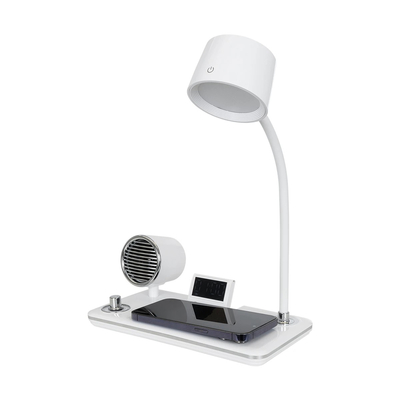 GLOBOSTAR® OLDY 76557 Μοντέρνο Επιτραπέζιο Φωτιστικό Γραφείου με Ασύρματη Φόρτιση 15W 3A, 5W Bluetooth Ηχείο & Ψηφιακό Ρολόι LED 3W 300lm 120° DC 5V με USB-C IP20 Ρυθμιζόμενο Λευκό CCT με Αφή 2700K/4500K/6000K Dimmable - Sanan SMD Chip - Λευκό - Μ13 x Π25 x Υ38cm - 2 Χρόνια Εγγύηση