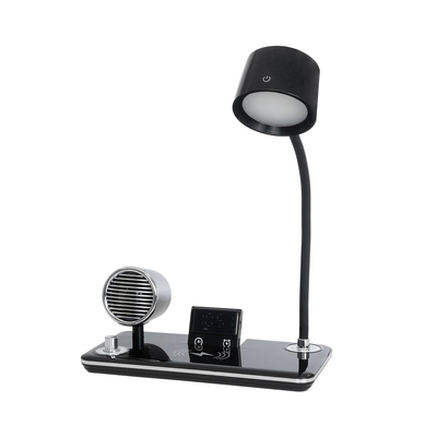 GLOBOSTAR® OLDY 76563 Μοντέρνο Επιτραπέζιο Φωτιστικό Γραφείου με Ασύρματη Φόρτιση 15W 3A, 5W Bluetooth Ηχείο & Ψηφιακό Ρολόι LED 3W 300lm 120° DC 5V με USB-C IP20 Ρυθμιζόμενο Λευκό CCT με Αφή 2700K/4500K/6000K Dimmable - Sanan SMD Chip - Μαύρο - Μ13 x Π25 x Υ38cm - 2 Χρόνια Εγγύηση