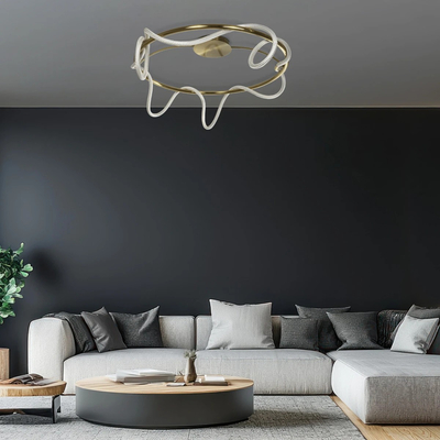 kelvo® GLOW 61674 Μοντέρνο Φωτιστικό Οροφής LED 65W 6500lm 360° AC 220-240V IP20 Ρυθμιζόμενο Λευκό CCT με Χειριστήριο από 2700K έως 6000K Dimmable - Lumileds SMD Chip - Χρυσό Πλατίνα & Λευκό Νήμα - Μ100 x Π100 x Υ30cm - 3 Χρόνια Εγγύηση