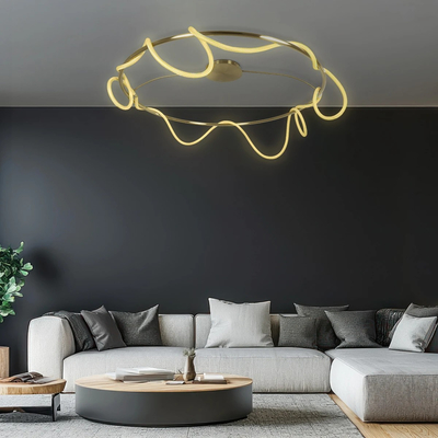 kelvo® GLOW 61675 Μοντέρνο Φωτιστικό Οροφής LED 89W 8900lm 360° AC 220-240V IP20 Ρυθμιζόμενο Λευκό CCT με Χειριστήριο από 2700K έως 6000K Dimmable - Lumileds SMD Chip - Χρυσό Πλατίνα & Λευκό Νήμα - Μ150 x Π150 x Υ30cm - 3 Χρόνια Εγγύηση