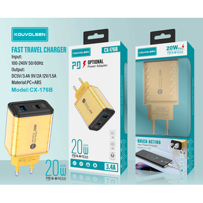 Αντάπτορας φόρτισης Fast Charge με 2 θύρες USB-A & Type-C - 20W - CX-176B - 271764