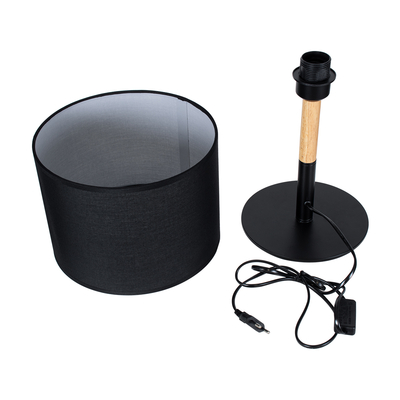 GloboStar® BRONX 01519 Μοντέρνο Επιτραπέζιο Φωτιστικό Πορτατίφ Μονόφωτο 1 x E27 IP20 Μαύρο Μέταλλο, Μπεζ Ξύλο με Μαύρο Ύφασμα - Μ25 x Π25 x Υ40cm