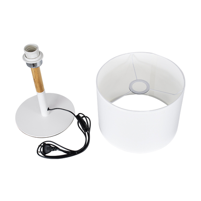 GloboStar® BRONX 01520 Μοντέρνο Επιτραπέζιο Φωτιστικό Πορτατίφ Μονόφωτο 1 x E27 IP20 Λευκό Μέταλλο, Μπεζ Ξύλο με Λευκό Ύφασμα - Μ25 x Π25 x Υ40cm