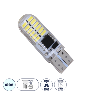 GLOBOSTAR® W5W-T10 81058 Λάμπα W5W T10 LED 1W 192lm 360° DC 12V IP20 Ψυχρό Λευκό 6000K Strobe - 24 x Epistar SMD3014 Chip - Μ1 x Π1 x Υ3.2cm - 1 Χρόνο Εγγύηση
