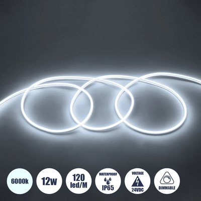 GLOBOSTAR® NEOVALE 70560 Ταινία Neon Flex LED 12W/m 1080lm/m 120° DC 24V Αδιάβροχο IP65 120 x SMD2835 Chip/m Ψυχρό Λευκό 6000K Dimmable - Μ100 x Π0.8 x Υ1.6cm - 3 Χρόνια Εγγύηση