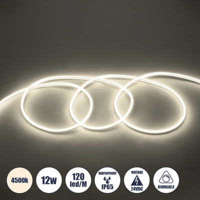 GLOBOSTAR® NEOVALE 70561 Ταινία Neon Flex LED 12W/m 960lm/m 120° DC 24V Αδιάβροχο IP65 120 x SMD2835 Chip/m Φυσικό Λευκό 4500K Dimmable - Μ100 x Π0.8 x Υ1.6cm - 3 Χρόνια Εγγύηση