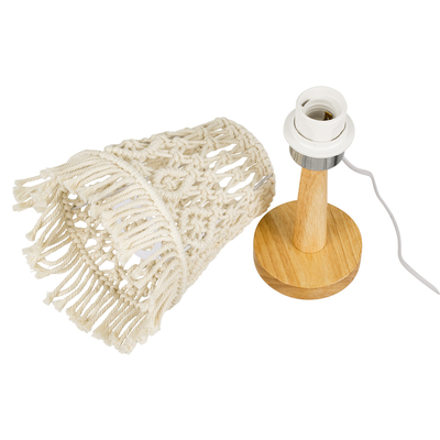 GloboStar® RWANDA 36210 Boho Επιτραπέζιο Φωτιστικό Πορτατίφ Μονόφωτο 1 x E27 IP20 Μπεζ Σχοινί με Καφέ Ξύλο - Μ15 x Π15 x Υ30cm