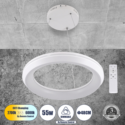GLOBOSTAR® MELINA 61044 Μοντέρνο Κρεμαστό Φωτιστικό Οροφής LED 55W 6376lm 120° AC 220-240V IP20 Ρυθμιζόμενο Λευκό CCT με Χειριστήριο από 2700K έως 6000K Dimmable - Lumileds SMD Chip - Λευκό Ματ - Μ48 x Π48 x Υ6.5cm - 3 Χρόνια Εγγύηση