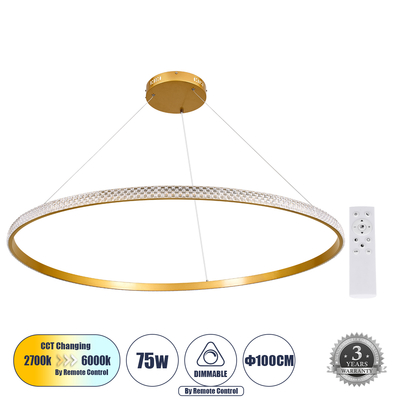 GLOBOSTAR® DIAMOND 61135 Μοντέρνο Κρεμαστό Φωτιστικό Οροφής LED 75W 8743lm 360° AC 220-240V IP20 Ρυθμιζόμενο Λευκό CCT με Χειριστήριο από 2700K έως 6000K Dimmable - Lumileds SMD Chip - Χρυσό Βούρτσας - Μ100 x Π100 x Υ3cm - 3 Χρόνια Εγγύηση