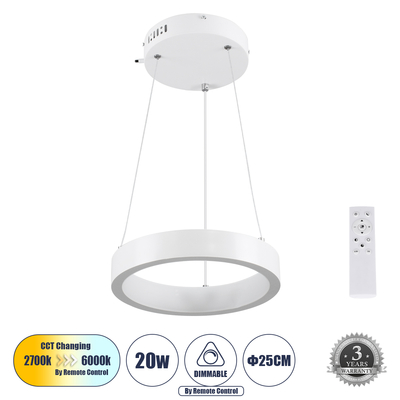 GLOBOSTAR® NEMESIS 61153 Μοντέρνο Κρεμαστό Φωτιστικό Οροφής LED 20W 2356lm 360° AC 220-240V IP20 Ρυθμιζόμενο Λευκό CCT με Χειριστήριο από 2700K έως 6000K Dimmable - Lumileds SMD Chip - Λευκό Ματ - Μ25 x Π25 x Υ4cm - 3 Χρόνια Εγγύηση
