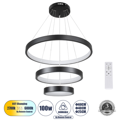 GLOBOSTAR® NEMESIS TRIO 61167 Μοντέρνο Κρεμαστό Φωτιστικό Οροφής LED 100W 12123lm 360° AC 220-240V IP20 Ρυθμιζόμενο Λευκό CCT με Χειριστήριο από 2700K έως 6000K Dimmable - Lumileds SMD Chip - Μαύρο Ματ - Μ60 x Π60 x Υ60cm - 3 Χρόνια Εγγύηση