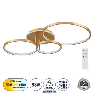 GLOBOSTAR® NEMESIS 61110 Μοντέρνο Φωτιστικό Οροφής LED 98W 11858lm 360° AC 220-240V IP20 Ρυθμιζόμενο Λευκό CCT με Χειριστήριο από 2700K έως 6000K Dimmable - Lumileds SMD Chip - Χρυσό Βούρτσας - Μ89 x Π60 x Υ19cm - 3 Χρόνια Εγγύηση