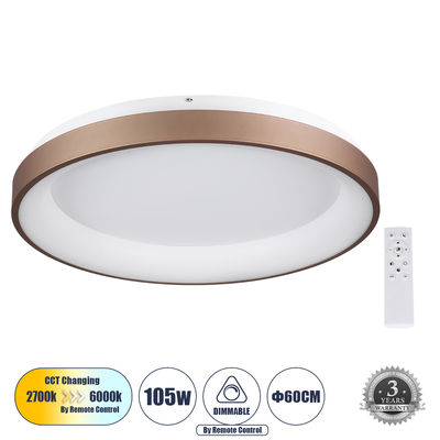 GLOBOSTAR® SALEM 61240 Μοντέρνο Φωτιστικό Οροφής LED 105W 12075lm 120° AC 220-240V IP20 Ρυθμιζόμενο Λευκό CCT με Χειριστήριο από 2700K έως 6000K Dimmable - Lumileds SMD Chip - Χάλκινο - Μ60 x Π60 x Υ8.5cm - 3 Χρόνια Εγγύηση