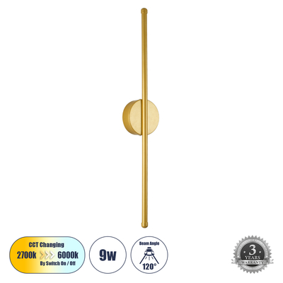 GLOBOSTAR® DIADEM 61330 Μοντέρνο Φωτιστικό Τοίχου - Απλίκα LED 9W 1080lm 120° AC 220-240V IP20 Ρυθμιζόμενο Λευκό CCT με On/Off 2700K/4500K/6000K - Lumileds SMD Chip - Χρυσό Βούρτσας - Μ10 x Π4 x Υ60cm - 3 Χρόνια Εγγύηση