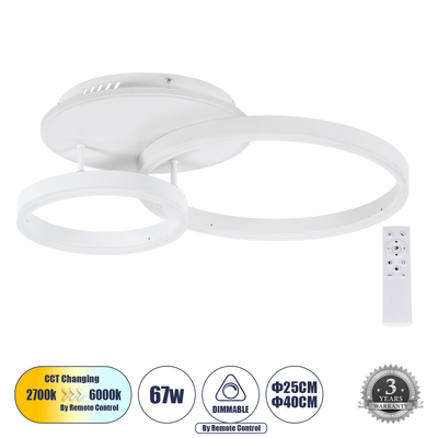 GLOBOSTAR® VENOM 61121 Μοντέρνο Φωτιστικό Οροφής LED 67W 8107lm 360° AC 220-240V IP20 Ρυθμιζόμενο Λευκό CCT με Χειριστήριο από 2700K έως 6000K Dimmable - Lumileds SMD Chip - Λευκό Ματ - Μ60 x Π40 x Υ12.5cm - 3 Χρόνια Εγγύηση