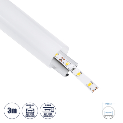 GLOBOSTAR® ALP-ROUND TUBIT 70853-3M Επιφανειακό & Κρεμαστό Προφίλ Αλουμινίου με Λευκό Γαλακτερό Πατητό Κάλυμμα για Ταινίες LED IP20 - Ασημί & Λευκό - Μ300 x Π3 x Υ3cm