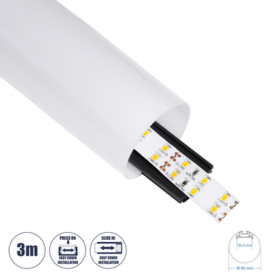 GLOBOSTAR® ALP-ROUND TUBIT 70856-3M Επιφανειακό & Κρεμαστό Προφίλ Αλουμινίου με Λευκό Γαλακτερό Πατητό Κάλυμμα για Ταινίες LED IP20 - Μαύρο & Λευκό - Μ300 x Π6 x Υ6cm