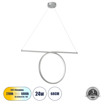 GLOBOSTAR® ROME 61296 Μοντέρνο Κρεμαστό Φωτιστικό Οροφής LED 24W 2640lm 200° AC 220-240V IP20 Ρυθμιζόμενο Λευκό CCT με On/Off 2700K/4500K/6000K - Lumileds SMD Chip - Νίκελ Βούρτσας - Μ65.5 x Π4 x Υ33cm - 3 Χρόνια Εγγύηση