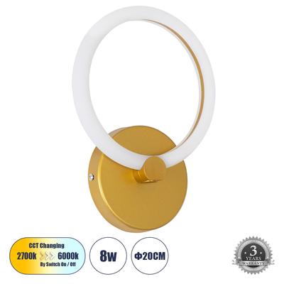 GLOBOSTAR® MATILDA 61340 Μοντέρνο Φωτιστικό Τοίχου - Απλίκα LED 8W 960lm 360° AC 220-240V IP20 Ρυθμιζόμενο Λευκό CCT με On/Off 2700K/4500K/6000K - Lumileds SMD Chip - Χρυσό - Μ20 x Π5 x Υ25.5cm - 3 Χρόνια Εγγύηση