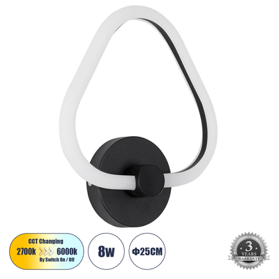 GLOBOSTAR® REGINA 61341 Μοντέρνο Φωτιστικό Τοίχου - Απλίκα LED 8W 960lm 360° AC 220-240V IP20 Ρυθμιζόμενο Λευκό CCT με On/Off 2700K/4500K/6000K - Lumileds SMD Chip - Μαύρο Ματ - Μ25 x Π7 x Υ28.5cm - 3 Χρόνια Εγγύηση