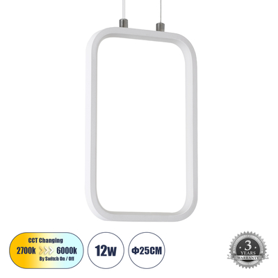 GLOBOSTAR® DEROBA 61299 Μοντέρνο Κρεμαστό Φωτιστικό Οροφής LED 12W 1320lm 360° AC 220-240V IP20 Ρυθμιζόμενο Λευκό CCT με On/Off 2700K/4500K/6000K - Lumileds SMD Chip - Λευκό Ματ - Μ16 x Π1.6 x Υ25.5cm - 3 Χρόνια Εγγύηση