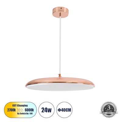 GLOBOSTAR® BARON 61256 Μοντέρνο Κρεμαστό Φωτιστικό Οροφής LED 24W 2880lm 120° AC 220-240V IP20 Ρυθμιζόμενο Λευκό CCT με On/Off 2700K/4500K/6000K - Lumileds SMD Chip - Ροζ Χρυσό - Μ40 x Π40 x Υ10cm - 3 Χρόνια Εγγύηση