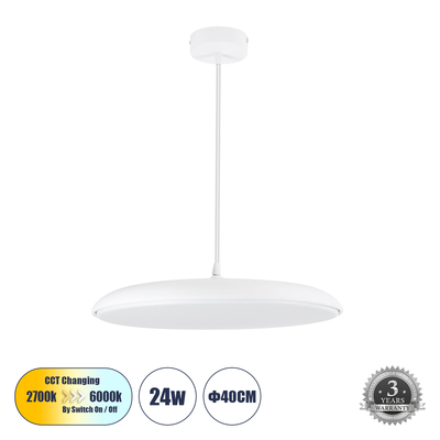 GLOBOSTAR® BARON 61255 Μοντέρνο Κρεμαστό Φωτιστικό Οροφής LED 24W 2880lm 120° AC 220-240V IP20 Ρυθμιζόμενο Λευκό CCT με On/Off 2700K/4500K/6000K - Lumileds SMD Chip - Λευκό Ματ - Μ40 x Π40 x Υ10cm - 3 Χρόνια Εγγύηση