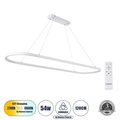 GLOBOSTAR® BOLIVAR 61272 Μοντέρνο Κρεμαστό Φωτιστικό Οροφής LED 54W 6210lm 360° AC 220-240V IP20 Ρυθμιζόμενο Λευκό CCT με Χειριστήριο από 2700K έως 6000K Dimmable - Lumileds SMD Chip - Λευκό Ματ - Μ120 x Π30 x Υ2cm - 3 Χρόνια Εγγύηση