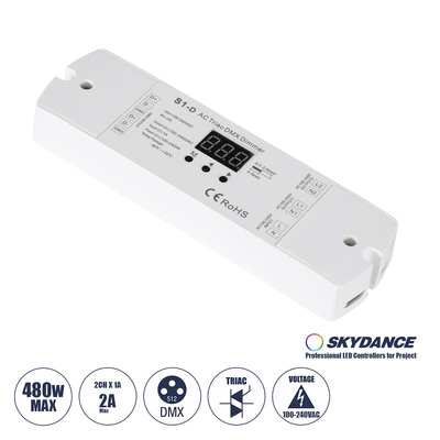 GLOBOSTAR® SKYDANCE-S1-D 70671 AC Trailing Edge DMX Dimmer με 2 x 1A 240W Κανάλια AC 220-240V 2A 480W Max IP20 - DMX512 & RDM - Μ16.7 x Π5 x Υ2.4cm - 5 Χρόνια Εγγύηση
