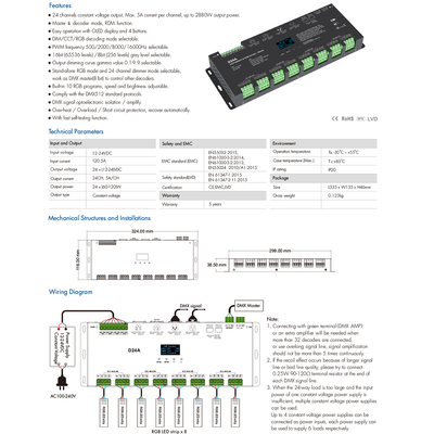 GLOBOSTAR® SKYDANCE-D24A 70673 DC DMX Master Dimmer / Controller / Decoder Υψηλής Ταχύτητας με 24 x 3A 72W Κανάλια DC 12-24V 72.5A 1740W Max IP20 - DMX512 & RDM - Μ16.7 x Π5 x Υ2.4cm - 5 Χρόνια Εγγύηση