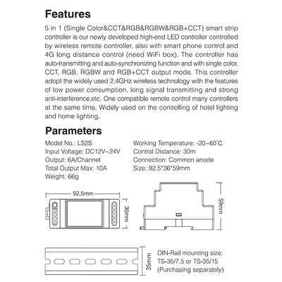GloboStar® 71415 LS2S Mi-BOXER DC WiFi & RF 2.4Ghz Dimmer High Speed Controller 5 Καναλιών DC 12-24V 5 x 6A 144W - Max 10A 240W - IP20 RGBW+WW - Din Rail Ράγας - Μ9 x Π3.4 x Υ6cm - 5 Years Warranty