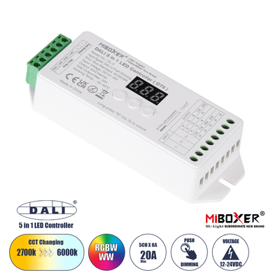 GLOBOSTAR® MiBOXER-DL-X 71423 DC DALI BUS & Push Dimmer / Controller με 5 x 6A 144W Κανάλια DC 12-24V 20A 480W Max IP20 - DALI BUS & Push Dimming - Μ13 x Π5 x Υ2.5cm - 5 Χρόνια Εγγύηση